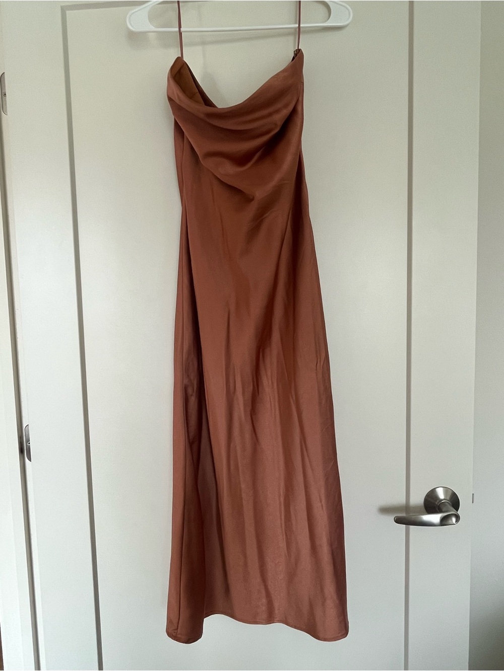 Hello Molly Strapless Satin Dress in Rich Brown - Picture 4 of 5